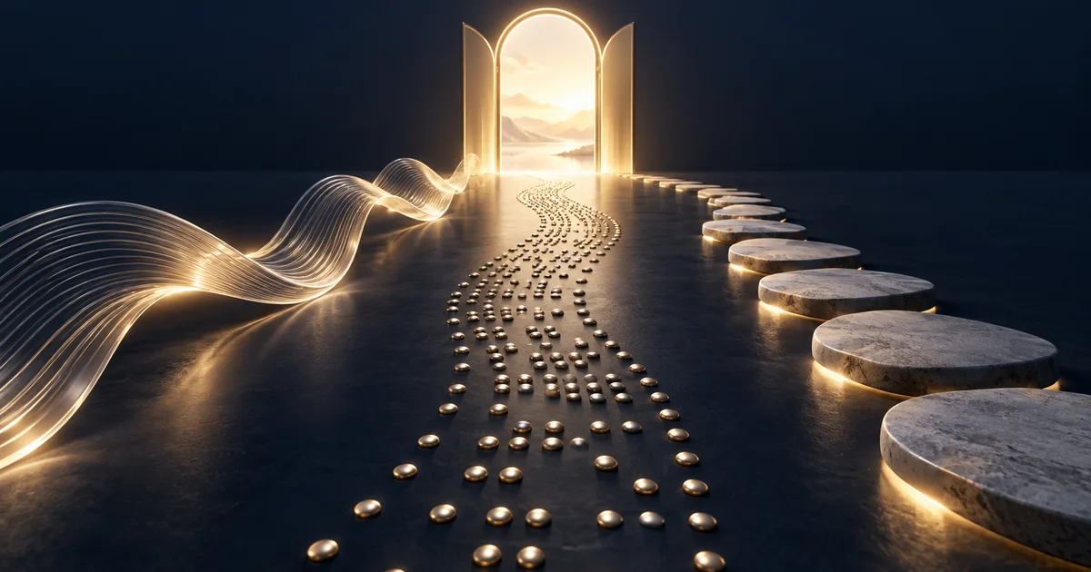 Voice waves, tactile dots and stepping stones converging at an open illuminated doorway