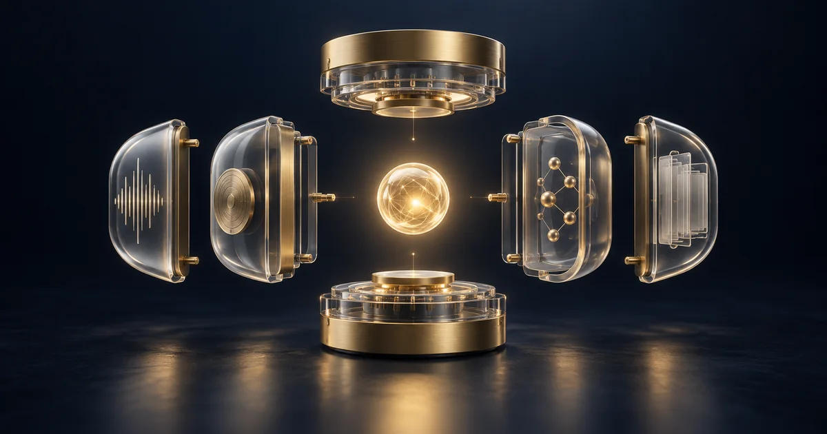 Five glass and brass modules assembling around a glowing assistant core