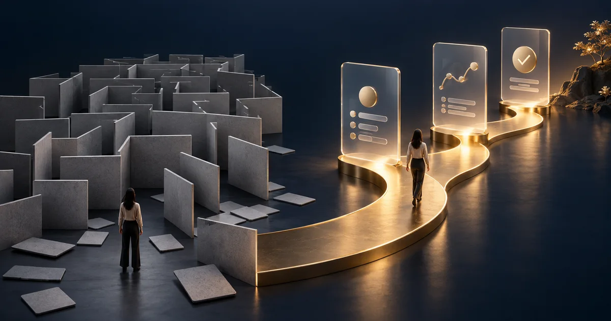 A rigid maze beside a direct golden path through translucent interface panels