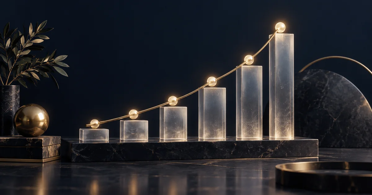 Glass data columns connected by a rising gold curve