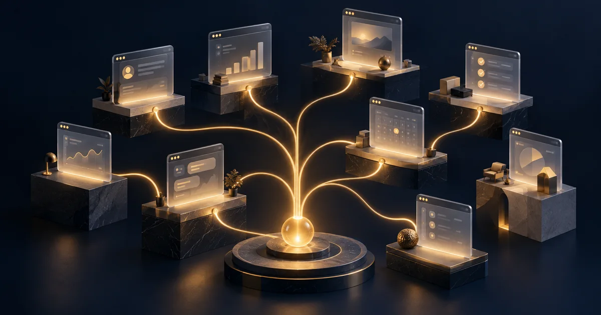 A branching network connecting one assistant core to many application windows