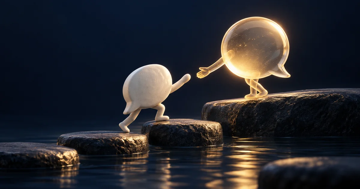 Two speech bubbles connecting across stepping stones