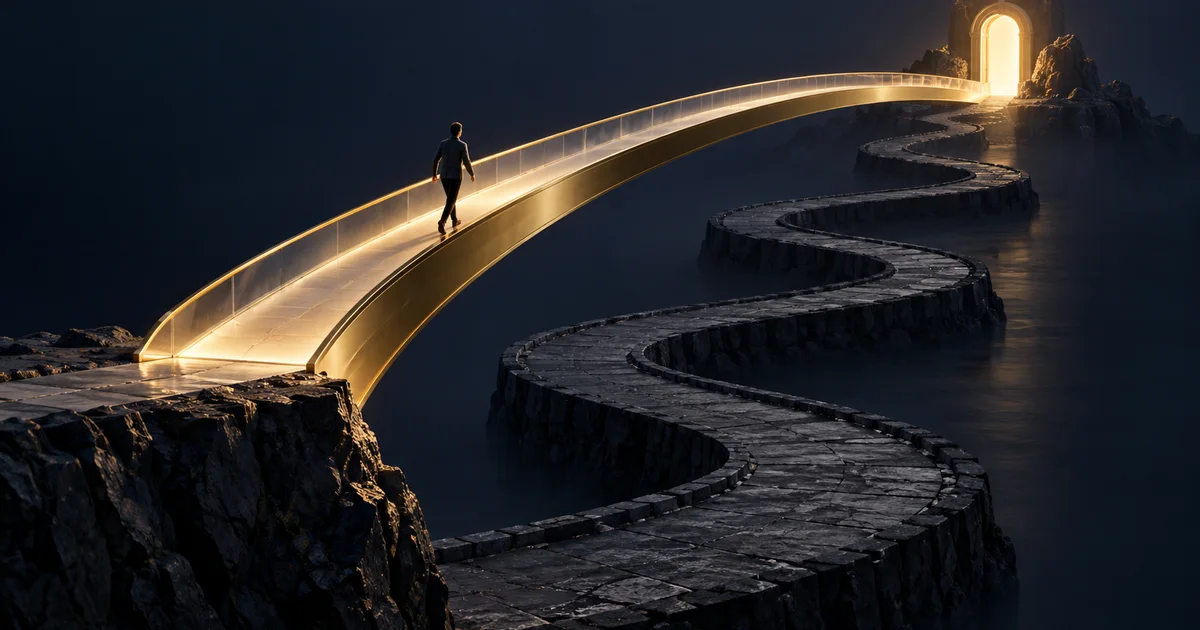 A golden bridge taking a shortcut over a winding path to an illuminated doorway