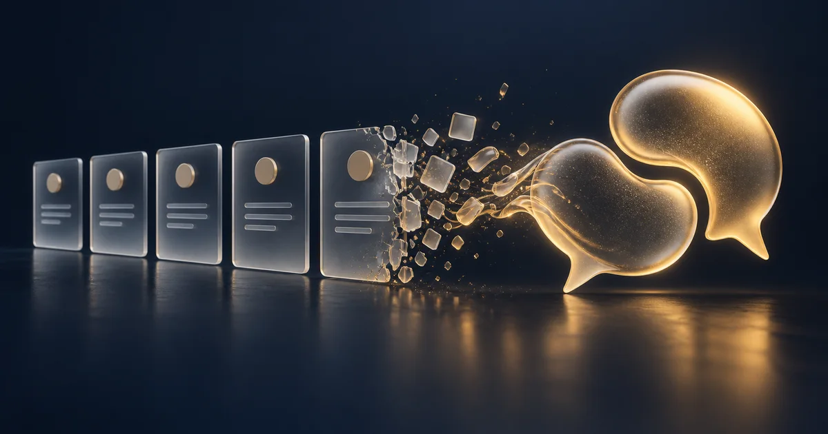 Rigid instruction cards transforming into golden conversation bubbles
