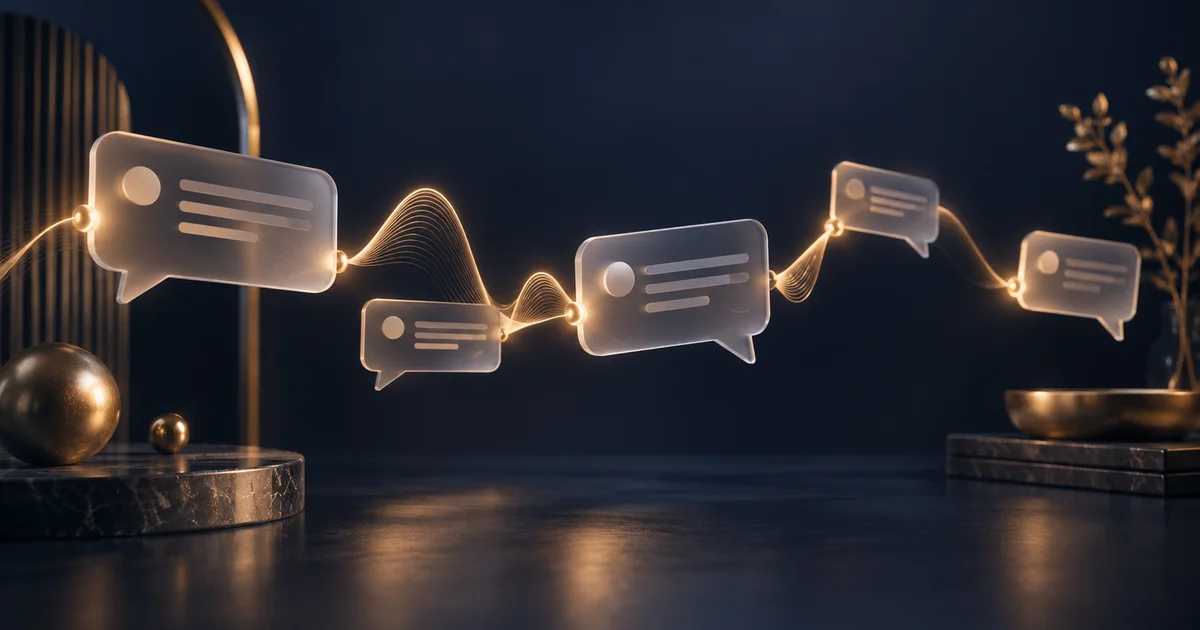 Translucent conversation cards connected by an audio waveform